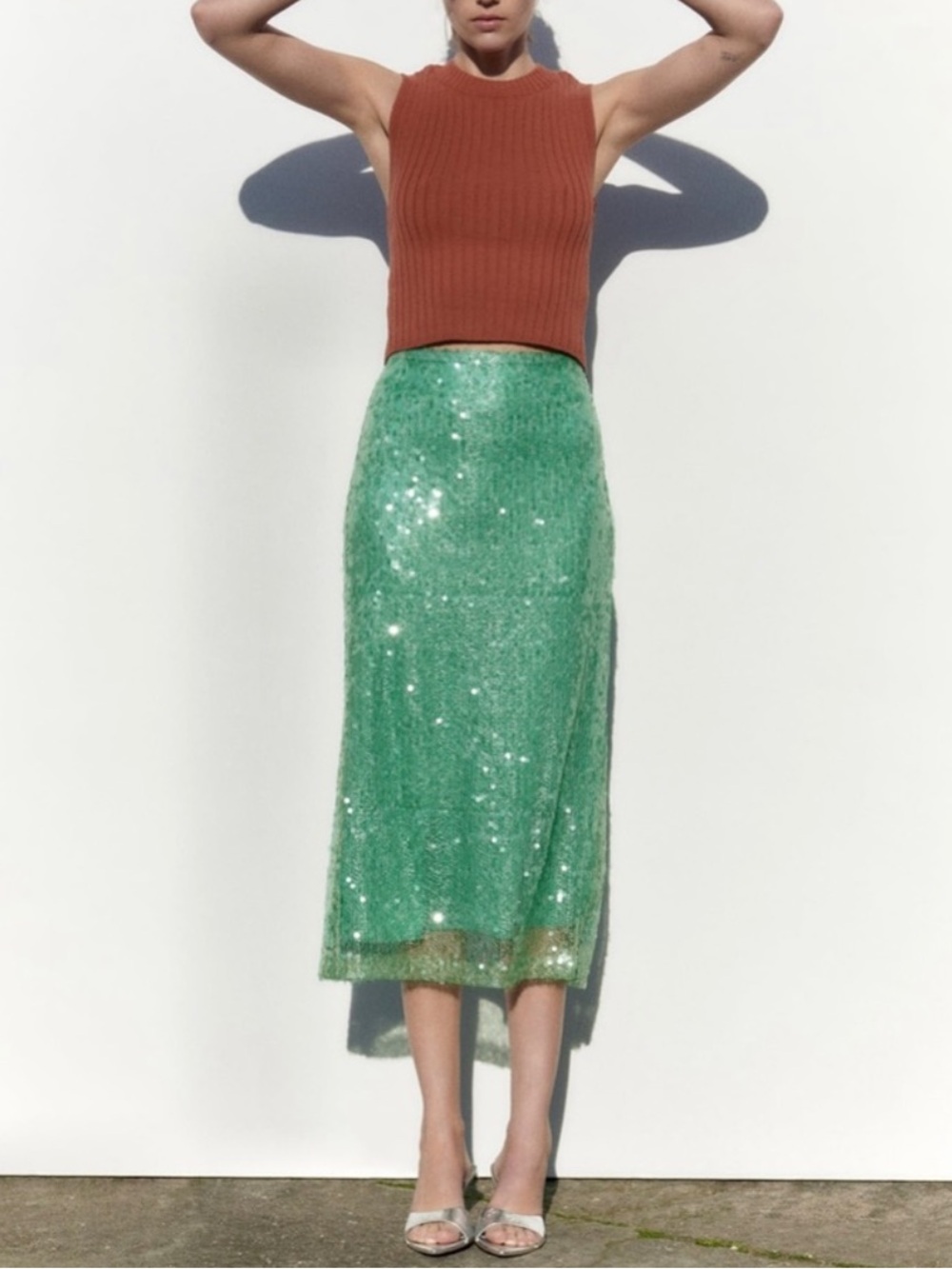 Zara NWT Sequined Sea Green Midi Skirt Size Large Occasions - Picture 1 of 16